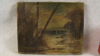 Antique 19c Primitive Hudson River School Sailboat Landscape Oil Painting