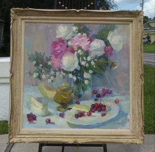 Listed Artist: Don Ricks Large Floral Still Life With Cherries