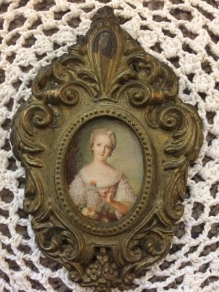 Antique French Victorian Miniature Portrait Of Marie Antoinette Bronze Framed.