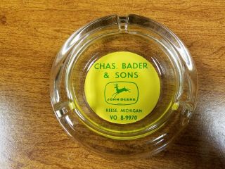 Vintage John Deere Dealer Glass Ash Tray,  Bader & Sons,  Reese Michigan Mich Mi