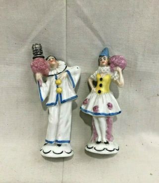 Pr.  C1920 German Porcelain Pierrot Clown & Pierrette Crown Top Prefume Figurines