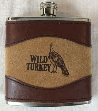 Wild Turkey Bourbon Whisky Leather Wrapped Stainless Steel 8oz.  Liquor Flask