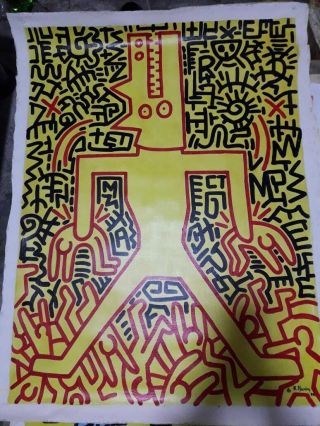 Keith Haring Oil On Cloth,  Signed.  