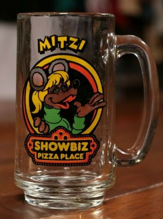 Vintage 80s Showbiz Pizza Mug Mitzi Chuck E Cheese Glass Cup
