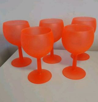 Retro France Fluorescent Orange Wine Glasses X 5 Goblets Vintage French