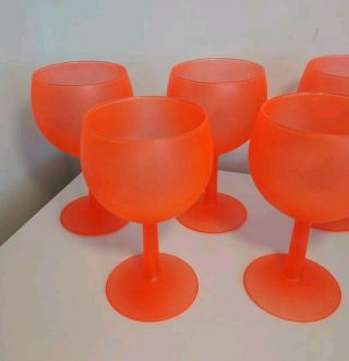 Retro France Fluorescent Orange Wine Glasses X 5 Goblets Vintage French 2