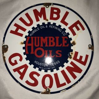 Humble Gasoline & Oil Porcelain Sign Service Station Pump Plate Globe Can Gas