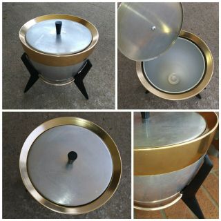 Atomic Vintage Mid Century Modern Retro Aluminum Gold Ice Bucket Bakelite Stand