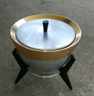 ATOMIC Vintage Mid Century Modern RETRO Aluminum Gold Ice Bucket Bakelite Stand 2
