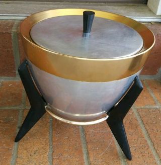 ATOMIC Vintage Mid Century Modern RETRO Aluminum Gold Ice Bucket Bakelite Stand 6