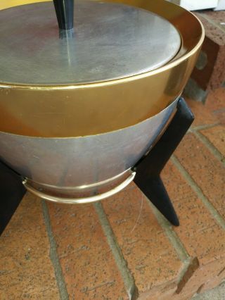 ATOMIC Vintage Mid Century Modern RETRO Aluminum Gold Ice Bucket Bakelite Stand 8