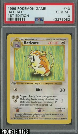 1999 Pokemon Game 1st Edition 40 Raticate Psa 10 Gem Mt