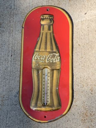 Old Coca Cola Bottle Thermometer Sign Early Cole Soda Pop Metal
