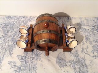 Vintage French Small Oak Barrel With Cups (3777)