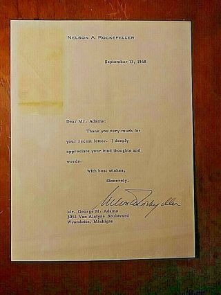 Nelson A Rockefeller Signed Als Letter 1968 York Governor,  Vice President