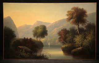 19th Century American Painting Mountain & Lake View With Ship Landscape
