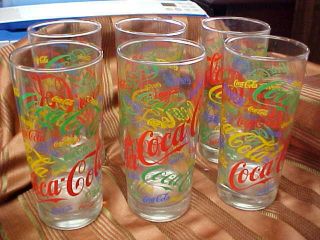 Set Of 6 Coca - Cola Tall Drinking Glasses Colorful Vintage 6.  5 Inches Tall Estate