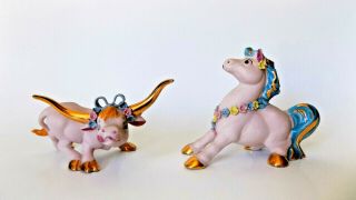 2 - Vtg.  Hagen Renaker Pink Bisque Figurines Steer & Horse - Gold Details