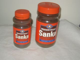 Nos 2 Vintage Sanka Decaf Instant Coffee Glass Containers 4 Oz & 8 Oz