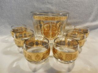 Vtg Culver 22k Gold Coronet Ice Bucket & 6 Roly Poly Lowball Cocktail Glasses