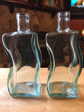 2 Collectible Vetreria Etrusca Aqua/sage Green Glass Curved Bottle Made In Italy