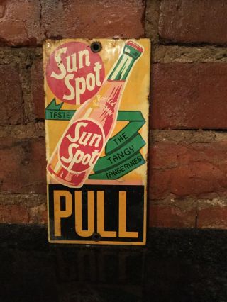 Old " Sun Spot " Porcelain Door Push Sign,  (6 " X 4 ")