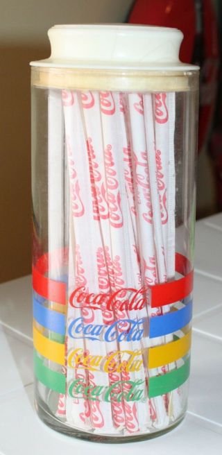 Vintage Coca Cola Coke Straw Dispenser Canister Jar Glass Primary Stripes Retro