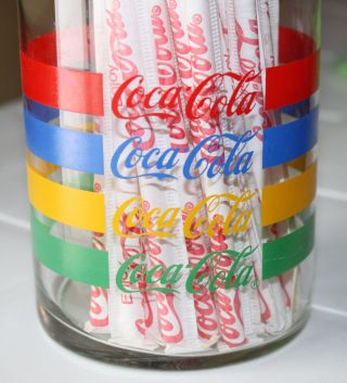 Vintage Coca Cola Coke Straw Dispenser Canister Jar Glass Primary Stripes Retro 2