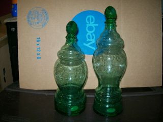Set Of 2 Green Bubble Glass Decanters