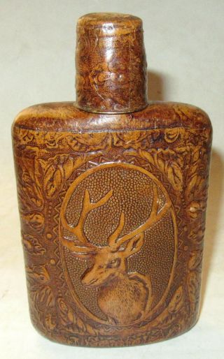 Vintage Leather - Covered Glass Flask With Deer/buck Design