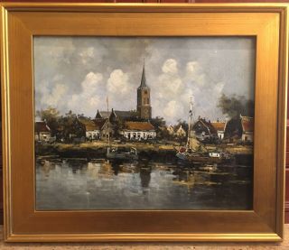 Antique 1900s Dutch Oil Painting Signed - Gilt Leaf Gold Frame