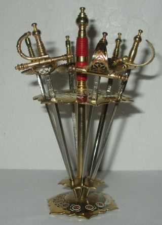 6 Vintage Miniature Toledo Bar Cocktail Tooth Picks Brass Metal Sword Holder Set
