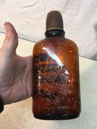 Vintage Old Crow Amber Glass Whiskey Bottle With Tin Cup 100 Proof Grain 1920s