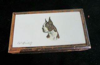 Unusual Cyril Gorainoff Hand Painted Porcelain Boston Terrier Head Wooden Box
