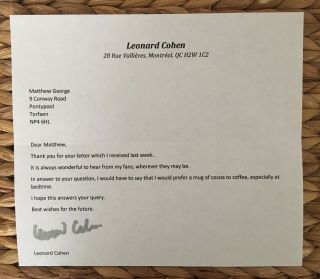 Leonard Cohen Hand Signed Letter - Autograph Hand Signed By Singer