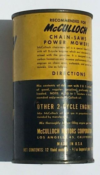 Vintage All Metal 12 oz.  McCULLOCH Chain - Saw OIL Can Full 3