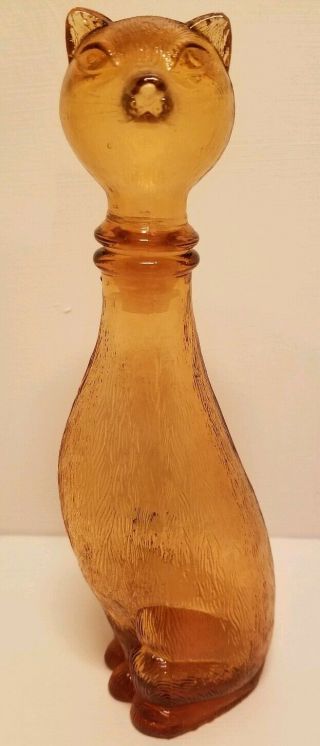 Vintage Mid Century Modern Amber Textured Art Glass Sitting Cat Decanter Bottle
