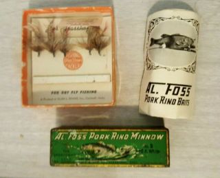 Vintage Fishing Tackle Al Foss Pork Rind Minnow Tin & Flyer,  Glen L.  Evans Flies