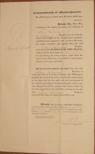 Mass.  Governors,  Edward Everett,  John Andrew,  William Claflin,  Signed Documents