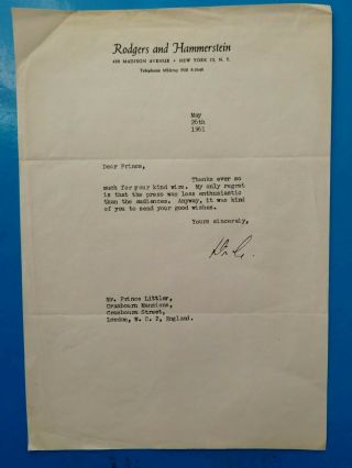 Richard Rogders " Rogders & Hammerstein " Composer Tls - Signed Letter - 1961