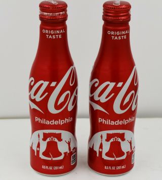 Full 2 X Philadelphia Liberty Bell/ Rocky Statue Aluminum Coca Cola Bottle Coke