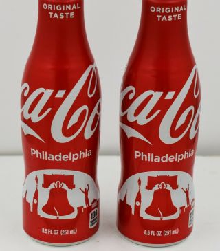 Full 2 X Philadelphia Liberty Bell/ Rocky Statue Aluminum Coca Cola Bottle Coke 2