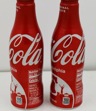 Full 2 X Philadelphia Liberty Bell/ Rocky Statue Aluminum Coca Cola Bottle Coke 4