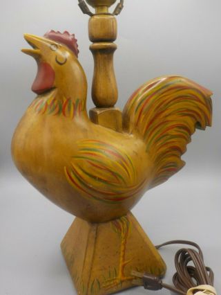 Vtg Carved Wood Rooster Figurural Chicken Table Lamp Light Folk Art Hand Painted