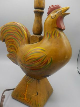 Vtg Carved Wood Rooster Figurural Chicken Table Lamp Light Folk Art Hand Painted 2