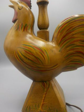 Vtg Carved Wood Rooster Figurural Chicken Table Lamp Light Folk Art Hand Painted 3