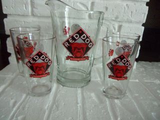 Vgc Red Dog Beer Complete 5 Piece Set Pitcher & 4 Glasses Pre - Owned