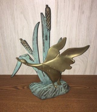 Vtg Bronze Brass Metal Flying Duck / Goose Bird Cattail Sculpture Wildlife