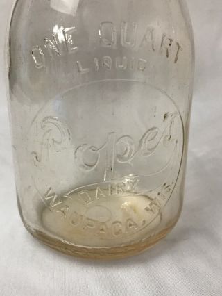 Vintage Pope ' s Dairy Milk Bottle Quart Clear Glass Embossed Waupaca Wisconsin 3