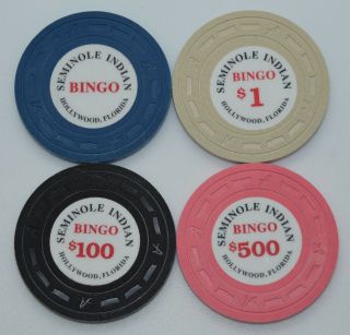 Set Of 4 Seminole Indian Bingo $1 - $100 - $500 Casino Chips Hollywood Fl A Mold